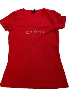 Womens BEBE Red Vintage Y2K Rhinestones V-Neck Ribbed Top Sz L